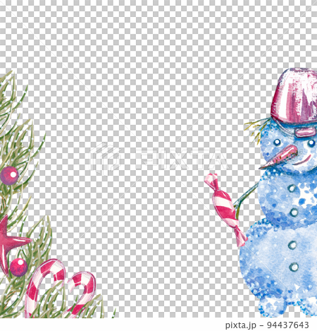 Watercolor frame of coniferous branches decorated with sweets and a snowman with sweets. Ideal for greetings, Christmas menu and other stationery Watercolor frame of coniferous branches decorated with sweets and a snowman with sweets. Ideal for greetings, Christmas menu and other stationery 94437643
