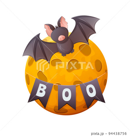 Bat and full moon. Garland of flags with the text Boo. Cartoon vector illustration for Halloween Bat and full moon. Garland of flags with the text Boo. Cartoon vector illustration for Halloween 94438756