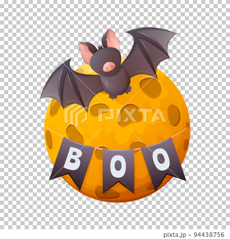Bat and full moon. Garland of flags with the text Boo. Cartoon vector illustration for Halloween Bat and full moon. Garland of flags with the text Boo. Cartoon vector illustration for Halloween 94438756