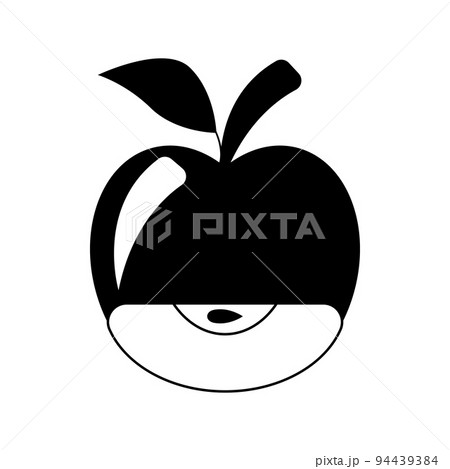 Silhouette whole apple with a slice and seed inside. Apple with branch and leaf. Vector illustration. Icon of apple. 94439384