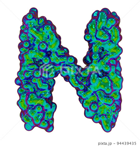 Letter N made of iridescent liquid with small drops, isolated on white, 3d rendering 94439435