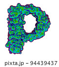 Letter P made of iridescent liquid with small drops, isolated on white, 3d rendering 94439437