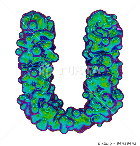 Letter U made of iridescent liquid with small drops, isolated on white, 3d rendering 94439442