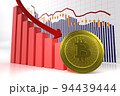Gold bitcoin coin with downtrend charts on white background, bitcoin price falling concept, 3d rendering 94439444