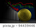 Gold bitcoin coin with downtrend charts on black background, bitcoin price falling concept, 3d rendering 94439446