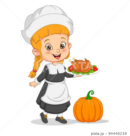 Cute little pilgrim girl cartoon holding roasting turkey 94440239