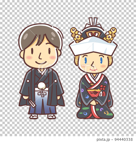 Illustration of an international marriage couple (kimono wedding, corner hidden, color uchikake and hakama) 94440338