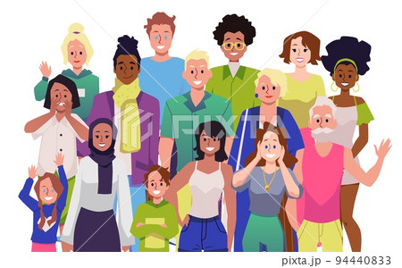 Group of smiling and waving people of different ages and nationalities flat style 94440833