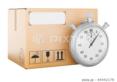 Parcel with stopwatch. Fast delivery concept, 3D rendering 94442179