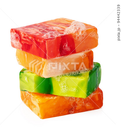 Colorful handmade soap bars on a white background Colorful handmade soap bars on a white background 94442339