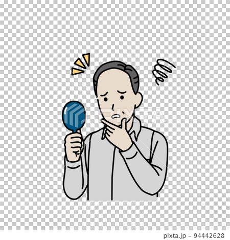 Middle-aged man worried about thinning hair and hair loss AGA bald aging hair illustration 94442628