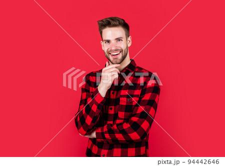 happy guy smiling. portrait of fashionable handsome man in shirt. business classic mens shirts with checkered print. handsome confident young man standing and smiling in shirt. Smiling cowboy 94442646
