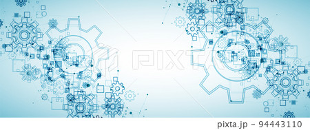 Abstract blue technological background. Structure square pattern with cogwheels and plexus effect. Vector 94443110