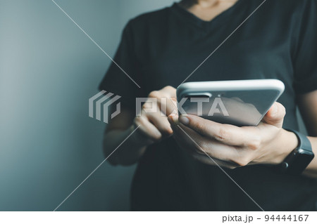Search Engine optimization SEO concept, Businesswoman is using smartphone to search for information on Internet, Using the search bar, Wireless Network, big data and accessing website information. 94444167