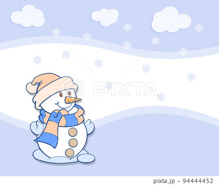 Cute snowman in a scarf and a hat on a background of snow. Illustration, postcard, vector Cute snowman in a scarf and a hat on a background of snow. Illustration, postcard, vector 94444452