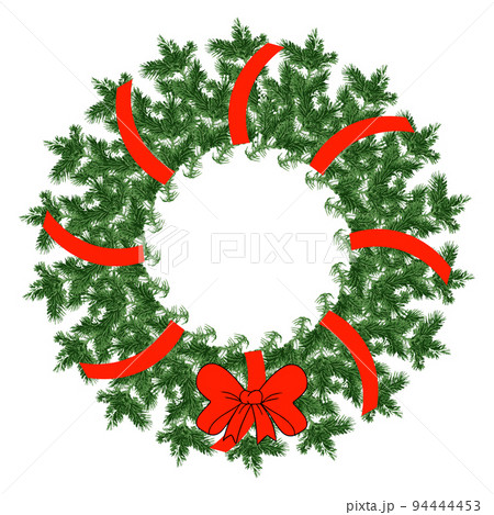 Wreath of Christmas tree branches with red ribbons. Illustration, postcard, vector Wreath of Christmas tree branches with red ribbons. Illustration, postcard, vector 94444453