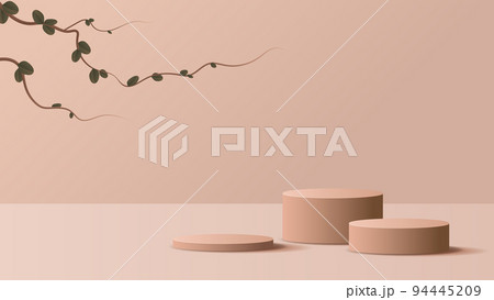 Brown podium display minimal background product display scene of abstract light and leaf for cosmetic, branding and packaging presentation. studio stage with shadow of leaf background. vector design 94445209