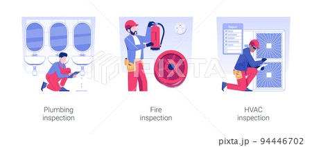 Building utilities inspections isolated concept vector illustration set. Plumbing and fire inspection, checking heating and cooling systems, circulation and ventilation maintenance vector cartoon. Building utilities inspections isolated concept vector illustration set. Plumbing and fire inspection, checking heating and cooling systems, circulation and ventilation maintenance vector cartoon. 94446702
