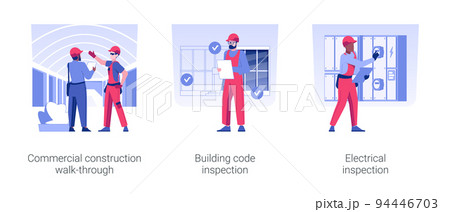 Commercial construction progress inspection isolated concept vector illustration set. Commercial construction walk-through, building code and electrical inspection, writing a report vector cartoon. 94446703