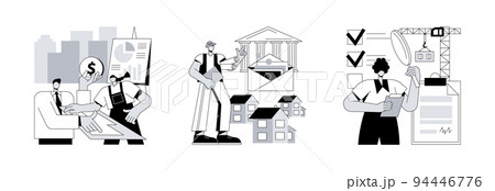 Construction project abstract concept vector illustration set. Real estate development, building investment and regulations, city architecture, bank loan, construction site abstract metaphor. 94446776