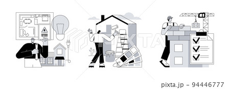 House renovation abstract concept vector illustration set. Residential electrical construction, painter services, quality control, interior and exterior, lighting and appliance abstract metaphor. 94446777