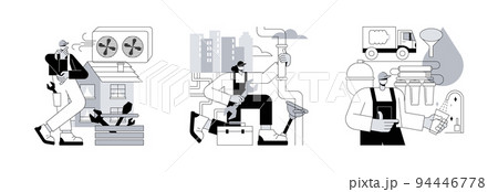 Home treatment system abstract concept vector illustration set. Ventilation and sewerage system, water filtering innovative solution, airing and cooling, house water treatment abstract metaphor. 94446778