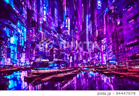 Futuristic metaverse city concept with glowing neon lights 94447079