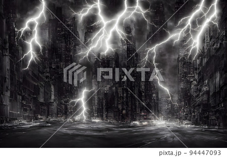 Lightning strikes over the skyline of fantasy city 94447093