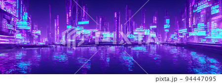 Futuristic metaverse city concept with glowing neon lights. Banner size 94447095