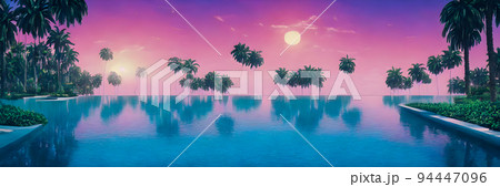 Fantasy Island. Palm trees, Sunset sea landscape. Colorful ocean beach sunrise Fantasy Island. Palm trees, Sunset sea landscape. Colorful ocean beach sunrise 94447096