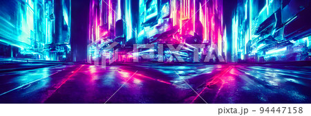 Futuristic metaverse city concept with glowing neon lights. Banner size 94447158