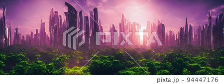 Green city of the future. Eco City of the future. Harmony of city and nature. Sunrise in the big city. Banner size Green city of the future. Eco City of the future. Harmony of city and nature. Sunrise in the big city. Banner size 94447176