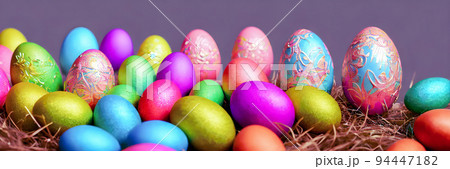 Colorful Easter Eggs Background. Banner size. 3D Colorful Easter Eggs Background. Banner size. 3D 94447182