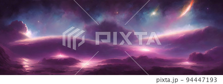 Space background with stardust and shining stars. Fantasy colorful cosmos. Alien planets. Banner size 94447193