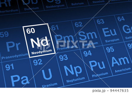 Neodymium, on periodic table. Rare earth metal in lanthanide series, with atomic number 60 and element symbol Nd, from Greek neos didymos, meaning new twin. Used for lasers and high strength magnets. 94447635