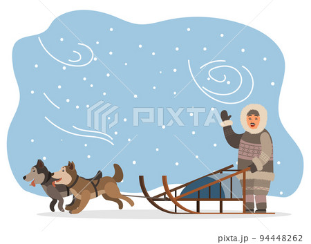 Husky Dogs and Eskimo in Fur Clothes with Sleigh 94448262