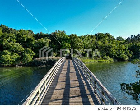 Overhead view of the wood bridge at Sunken Meadow State Park Overhead view of the wood bridge at Sunken Meadow State Park 94448575