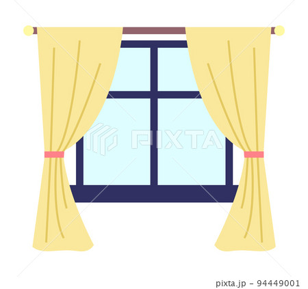 Illustration of living room window with yellow curtains and dark blue window frame and windowsill Illustration of living room window with yellow curtains and dark blue window frame and windowsill 94449001