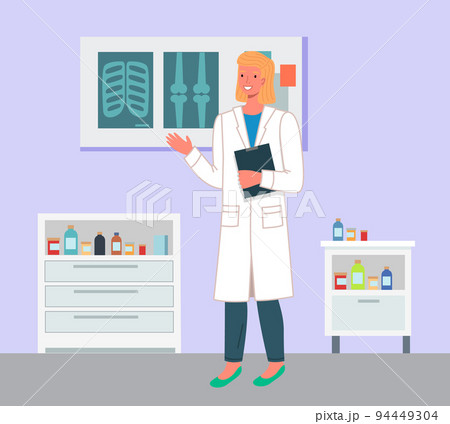 Cartoon female doctor in the medical office holding a blank clipboard. Health protection concept 94449304