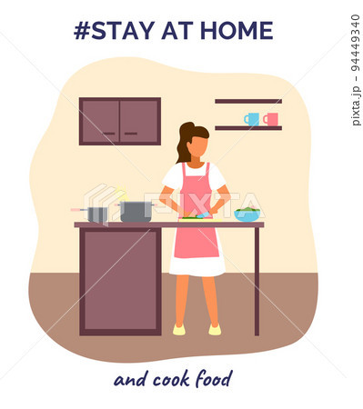 Stay at home and cook food, woman cutting salad, preparing spaghetti, leisure at self-isolation 94449340