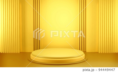 Abstract 3D podium with lighting gold color on a yellow background. Podium stage for an award ceremony or performance by an artist. Stock 3D redering illustration. Abstract 3D podium with lighting gold color on a yellow background. Podium stage for an award ceremony or performance by an artist. Stock 3D redering illustration. 94449447