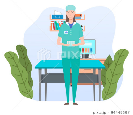 Female character lab worker in medical office holding test tubes, nurse or doctor in green uniform 94449597