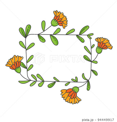Rectangular frame with orange flowers. Decorative wreath of calendula Rectangular frame with orange flowers. Decorative wreath of calendula 94449917