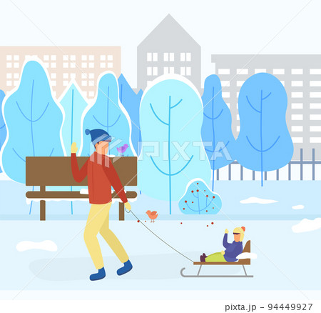 Dad and Kid on Sleds in Park, Winter Cityscape 94449927