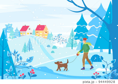 Man Walking Dog in Winter Landscape, Town View 94449928