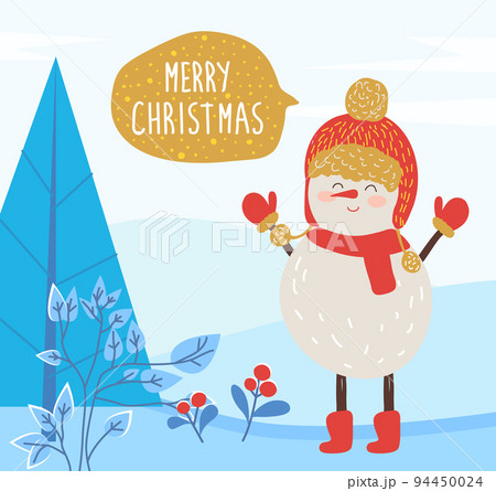 Merry Christmas Greeting Card with Cute Snowman 94450024