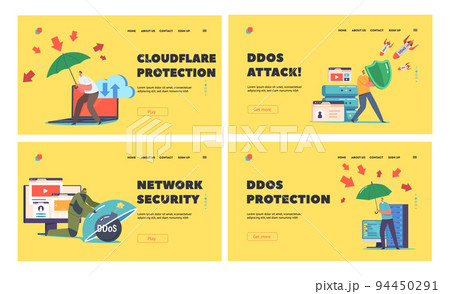 Ddos Protection, Cyber Security, Data Safety Landing Page Template Set. People with Shield and Umbrella Protect Servers 94450291