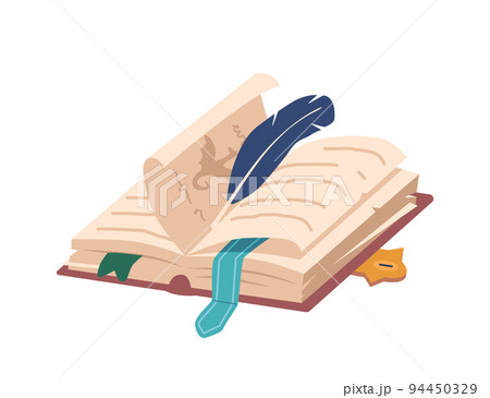 Open Magic Spell Book With Bookmarks And Feather. Fantasy Alchemy Grimoire With Esoteric Recipes. Wizard Diary Open Magic Spell Book With Bookmarks And Feather. Fantasy Alchemy Grimoire With Esoteric Recipes. Wizard Diary 94450329