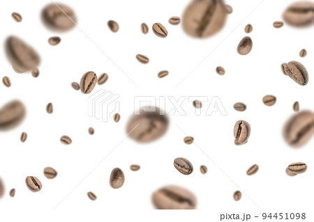 Coffee flying bean background. Black espresso grain falling. Rustic coffee bean fall on white background. Represent breakfast, energy, freshness or great aroma concept. 94451098