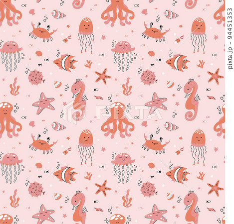Cute seamless pattern nautical theme. Ocean and sea life background for children 94451353